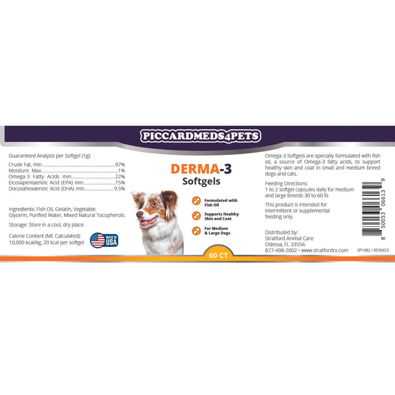 PiccardMeds4Pets Derma-3 Omega-3 & Vitamin Supplements MD to Large Dogs 60 Caps Piccard Meds 4 Pets