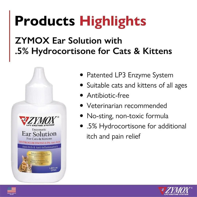 Zymox Enzymatic Ear Solution With 0.5% Hydrocortisone for Cats and Kittens 1.25 Oz. ZYMOX