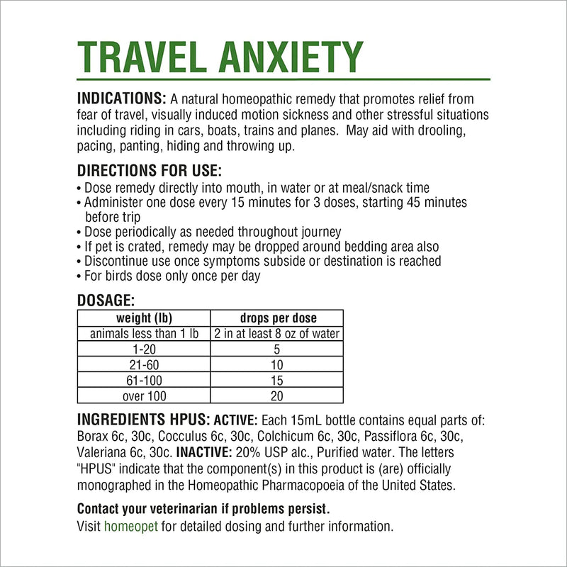 HomeoPet Travel Anxiety Calming Relief Remedy for Pets 15mL HomeoPet
