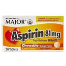 Major Low Dose Aspirin Chewables Orange Flavor 81mg 36 Tabs 2pck Major